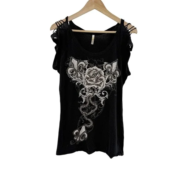 Vtg 2000s Y2K Studded Rose Shirt Tattoo Style See Measure Biker Hipster Grunge - Picture 1 of 8